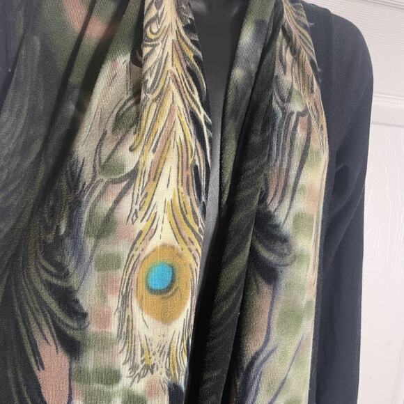 Adore Cardigan Women Small Black Peacock Feather Asymmetrical Hem Open Front - Picture 3 of 11